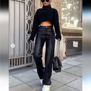 Zara Black Straight Wide Leg Faux Leather Pants L
